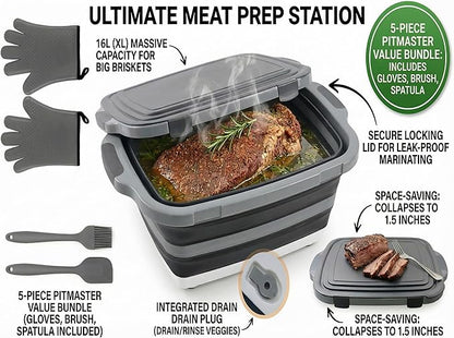 Collapsible BBQ Prep Tub with Lid & Cutting Board 16L - XL Meat Marinating Basin & Grill Carry System - 5pc Set with Heat Resistant Gloves, Basting Brush & Spatula (Black, Large, 16L)