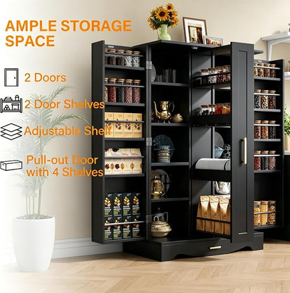 kepptory 47“ Black Kitchen Pantry Cabinet with 3 Doors, Adjustable Shelves, | Pull-Out Side Spice Racks, Freestanding Food Storage Cupboard for Kitchen, Dining Room, Living Room