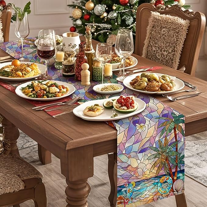 Beach Palm Trees Table Runner,Dining Decor for Kitchen Coffee Table Family Dinners Holiday Parties Wedding Events Decor(13x72 inch)