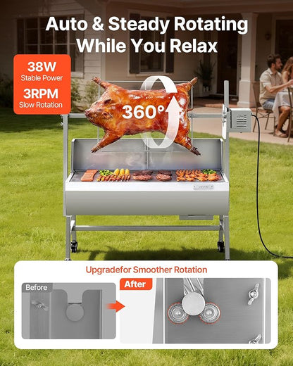 VEVOR Rotisserie Grill, 37in BBQ Outdoor Pig & Lamb Spit Roaster, Charcoal Spit Roaster with 132 LBS Load Capacity & 7-Level Height, Stainless Steel Electric Rotisserie Grill Kit for Camping Outdoor
