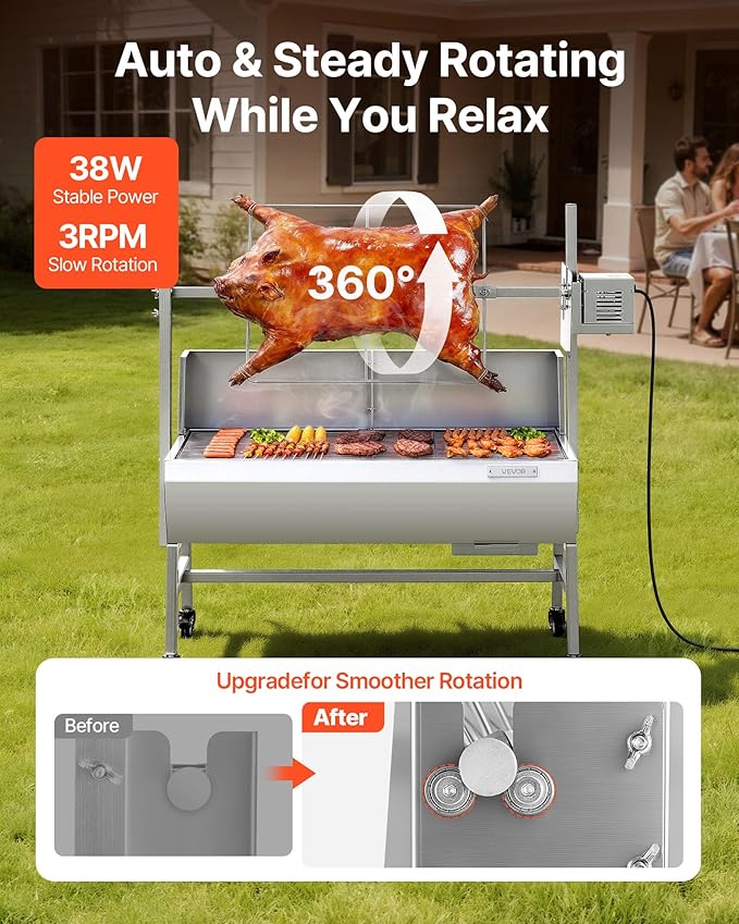 VEVOR Rotisserie Grill, 38W Stainless Steel BBQ Outdoor Pig & Lamb Spit Roaster, 132 LBS Load Capacity Charcoal Spit Roaster with 7-Level Height, Electric Rotisserie Grill Kit for Camping Outdoor