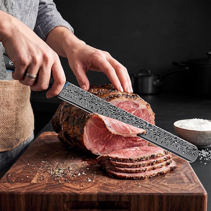 FINTISO Brisket Knife 11.6 Inch, 67-Layer Damascus Steel Carving Knife for Meat, Razor Sharp Japanese Slicing Knives for BBQ Roasts, Turkey, Ergonomic Full Tang G10 Handle - Zeus Series