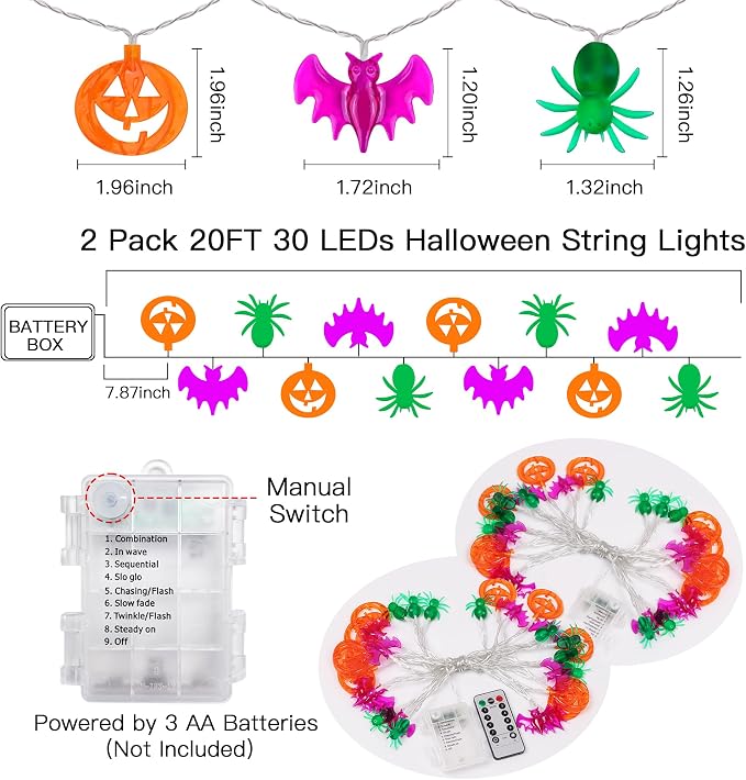 2 Pack Halloween Lights Outdoor Indoor Decorations Total 40FT 60 LED Pumpkin Bat Spider Halloween String Lights Battery Operated, 8 Modes Waterproof Cute Fairy Lights for Home Office Outside Decor