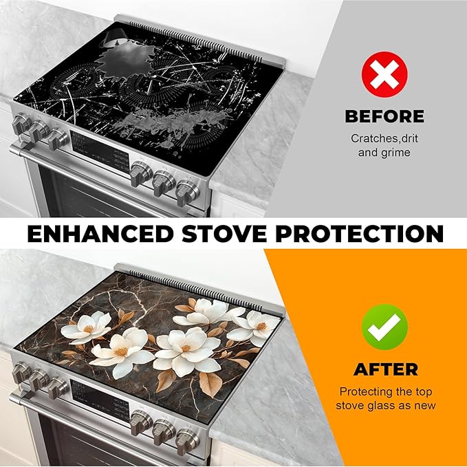 Heat-Resistant Glass Stove Top Cover with Anti-Slip Rubber Coating – Electric Stove Protector, Scratch-Resistant, Counter Space Decor Mat (Magnolia, 28.5"L x 20.5"W)