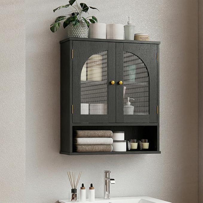 Bathroom Wall Cabinet, Over Toilet Storage Cabinet, Wall Mounted Medicine Cabinet with Arched Glass Doors & Adjustable Shelves, Bathroom Storage Cabinet with Open Storage Shelf, Black
