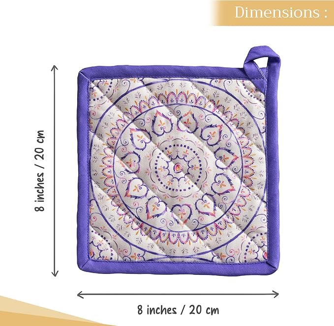 Maison d' Hermine Pot Holders 100% Cotton Heat Resistant Potholders 8" x 8" Hot Pads with Loop BBQ Cooking Baking Hotel Farmhouse Kitchen Handling Hot Pans Spring Summer (Pack of 1, Mandala)