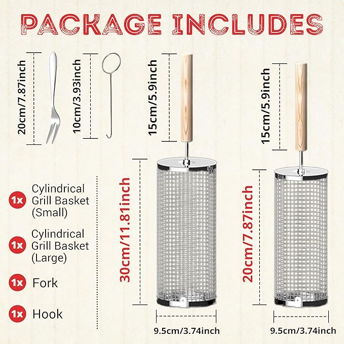 Rolling Grill Basket Round Shaped with Removable Wooden Handle, 304 Stainless Steel, Nesting Grilling Net, BBQ Accessories Tools for Vegetables Shrimp, Outdoor Cooking Camping Gift