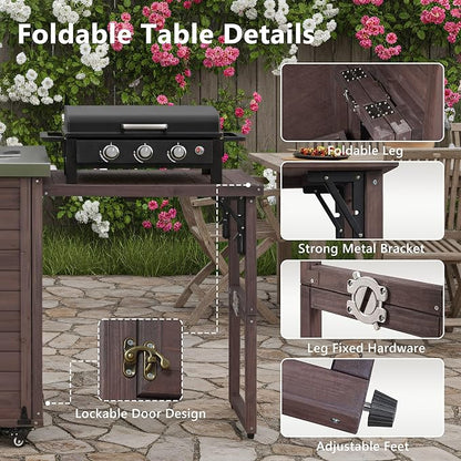 78.3" Outdoor Kitchen Island with Foldable Grill Table, Wooden Outdoor Grill Cart with Trash Can Storage & Stainless Steel Top, Outdoor Bar Cart, Pizza Oven Table for Lawn & Garden (Dark Brown@76)