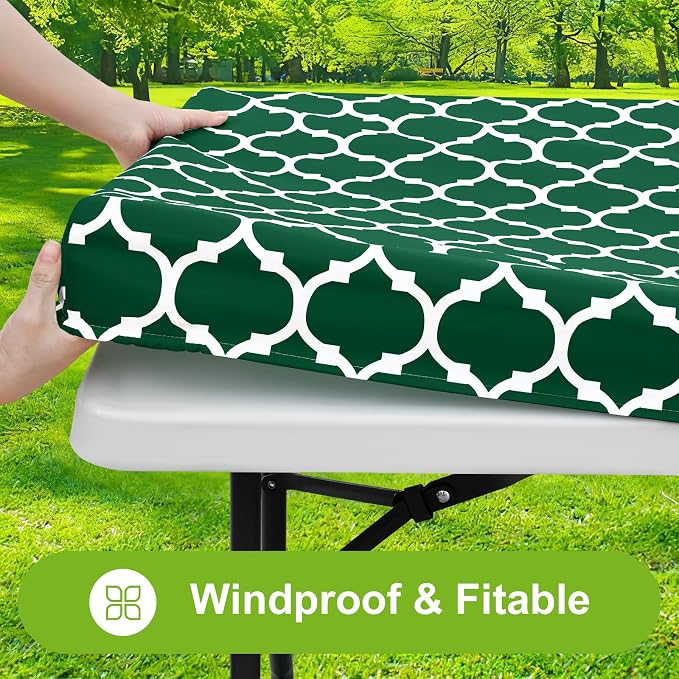 Smiry Picnic Fitted Table Cover, 6 Foot Flannel Backed Vinyl Tablecloth | Waterproof Elastic Stretch Table Cloth, Wipeable Plastic Tablecloth for Camping, Indoor & Outdoor (Emerald Green, 30" x 72")