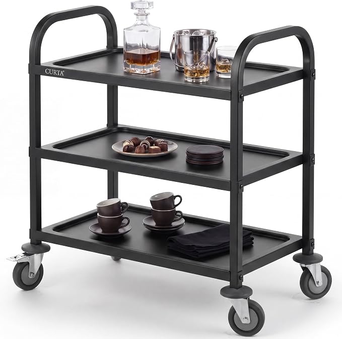Black Stainless Steel Serving Cart, 3-Tier Rolling Utility Trolley (30"x16"x33"), Heavy Duty Painted Kitchen Cart on Wheels with Brakes, Commercial Grade for Restaurant, Hotel, Salon & Lab