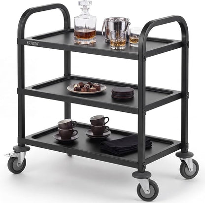 Black Stainless Steel Serving Cart, 3-Tier Rolling Utility Trolley (30"x16"x33"), Heavy Duty Painted Kitchen Cart on Wheels with Brakes, Commercial Grade for Restaurant, Hotel, Salon & Lab