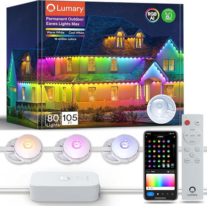 Lumary Permanent Outdoor Lights Max, 105FT with 80 LED Eave Lights 4800LM | RGBAICW Smart Outdoor Lighting IP67 Waterproof, Scene Modes for Daily and Accent Lighting, Works with Alexa/Google Assistant