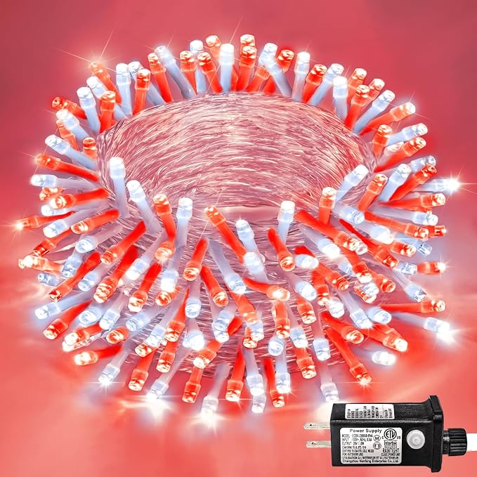 82FT 250 LED Outdoor String Lights, Red and White Christmas Lights Indoor | Waterproof 8 Modes Plug in Clear Wire String Twinkle Lights for Bedroom Outside Patio Yard Xmas Party Holiday Decorations