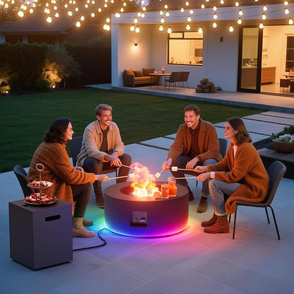 2-Piece Outdoor Propane Fire Pit Table Set w Tank Side Table 30'' Round Fire Pit Table 2-in-1 Firepit Table for Outside Patio Gas Fire Pit w 304 Stainless Steel Burner 50,000 BTU, Dark Gray w RGB LED