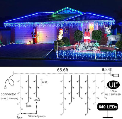 66FT Icicle Lights for Outside 640 LED Blue Christmas Lights Outdoor | Conenectable Icicle Christmas Lights Plug in 8 Modes Waterproof for Outside Indoor Holiday Pavilion Balcony House Decorations