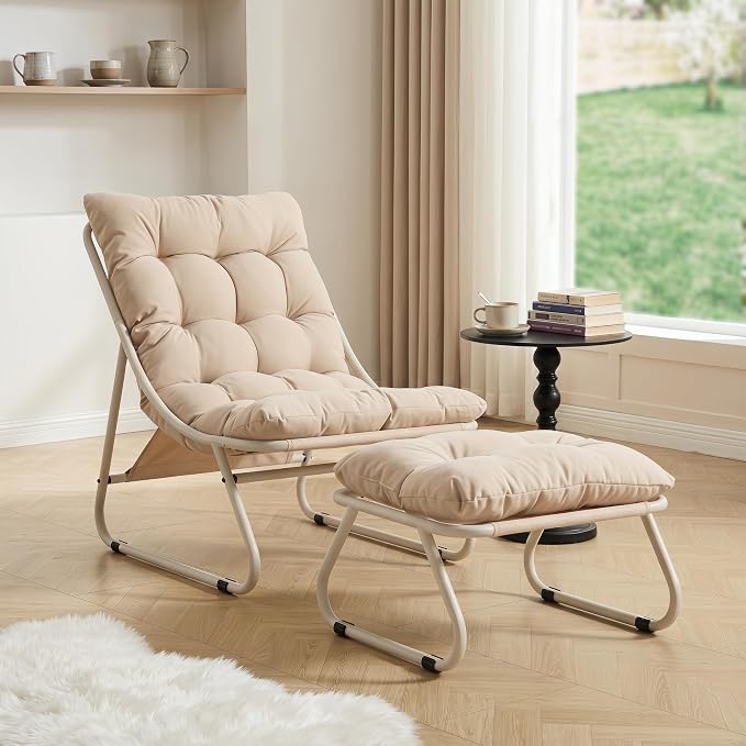 Rocking Chair with Ottoman, Modern Metal Frame Outdoor Rocker, Comfy Patio Lounge Chair with Footrest, Reading Glider Chairs for Living Room, Bedroom, Balcony, Garden, Relax, Beige