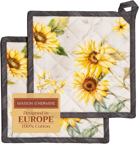 Maison d' Hermine Pot Holders 100% Cotton Heat Resistant Potholders 8" x 8" Hot Pads with Loop BBQ Cooking Baking Hotel Farmhouse Kitchen Handling Hot Pans Spring Summer (Pack of 2, Candice)