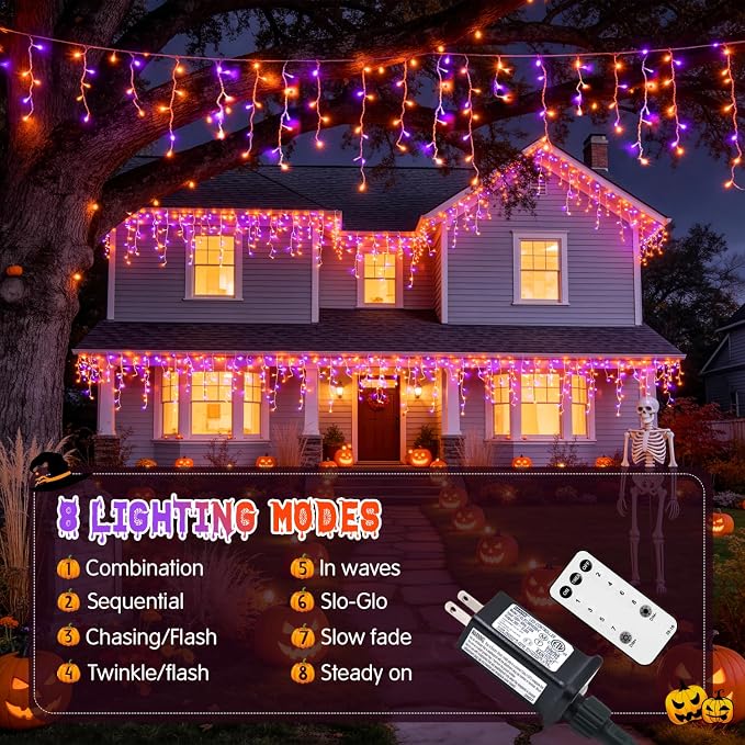 JMEXSUSS Orange and Purple Halloween Lights Outdoor, 400 LED 38.8 FT | Connectable Icicle Light Outdoor Waterproof, 8 Modes Halloween Lights Plug in for House Christmas Party Decorations