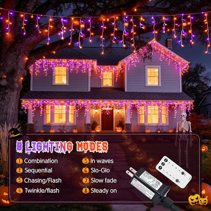 JMEXSUSS Orange and Purple Halloween Lights Outdoor, 400 LED 38.8 FT | Connectable Icicle Light Outdoor Waterproof, 8 Modes Halloween Lights Plug in for House Christmas Party Decorations
