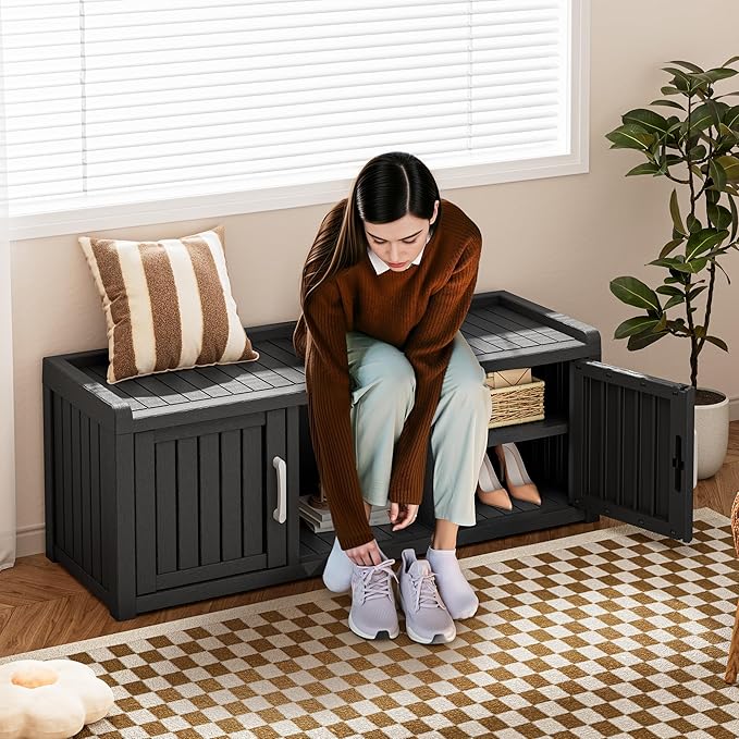 Bifanuo Shoe Storage Cabinet, 2-Door Outdoor Storage Bench with Adjustable Shelves, Waterproof UV-Resistant for Hallway, Living Room, Entryway, Large Capacity Modern Organizer (Black)