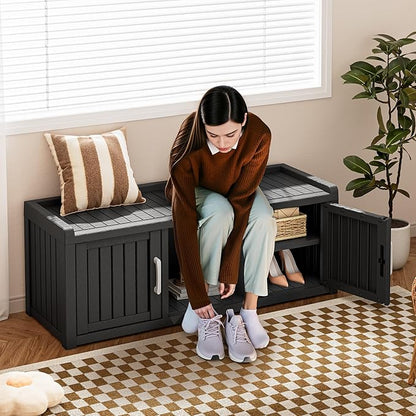 Bifanuo Shoe Storage Cabinet, 2-Door Outdoor Storage Bench with Adjustable Shelves, Waterproof UV-Resistant for Hallway, Living Room, Entryway, Large Capacity Modern Organizer (Black)