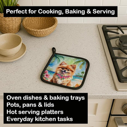 Caroline's Treasures Pomeranian Luau Pair of Pot Holders Kitchen Heat Resistant Pot Holders Sets Oven Hot Pads for Cooking Baking BBQ, 7 1/2 x 7 1/2