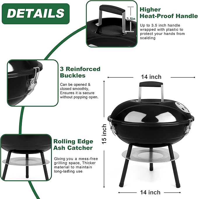 14 inch Charcoal Grill, Joyfair Small Portable BBQ Grill with Locking Lid for Outdoor Camping/Patio/Backyard Barbecue/Tabletop Cooking, Enamel Coated & Dual Vent System (Black)