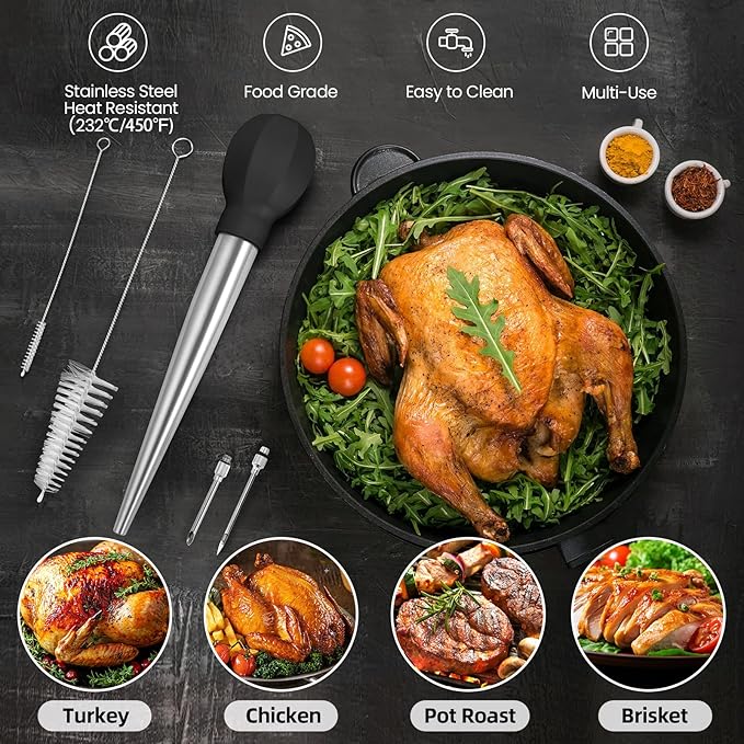 SCHVUBENR Large Turkey Baster with Cleaning Brush & Needle - Stainless Steel Baster Tool for Cooking - Easy to Use and Clean - Heavy Duty Baster Syringe - Thanksgiving, Christmas Essentials - Black