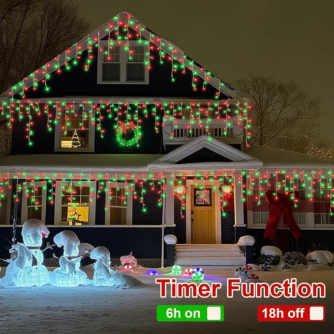 QITONG Red and Green Icicle Lights for Outside, 33ft 400 LED Icicle Christmas Lights Indoor with 8 Modes, Clear Wire Connectable String Lights Plug in