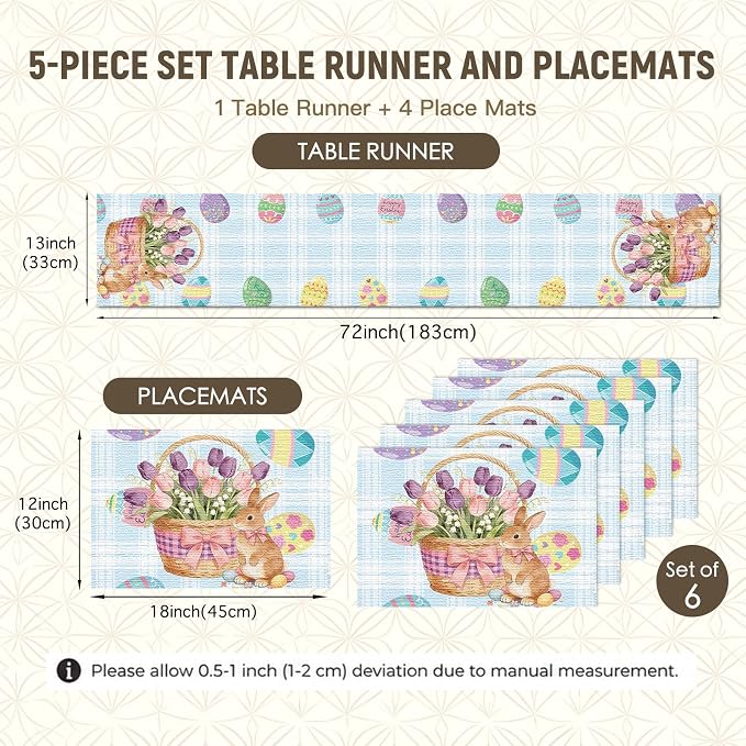 Nuxovilar Tablerunner and Placemats Set of 7 Easter-Themed with Bunny & Egg Patterns Linen Square Placemats for Dining Dining Sets and Accessories Kitchen, Table, Easter Gatherings