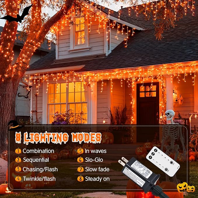 JMEXSUSS Orange Halloween Icicle Lights Outdoor, 800 LED Plug in | Waterproof, 8 Modes, Remote Control String Lights for Fireplace Eave Garden Patio Thanksgiving Fall Halloween Decor