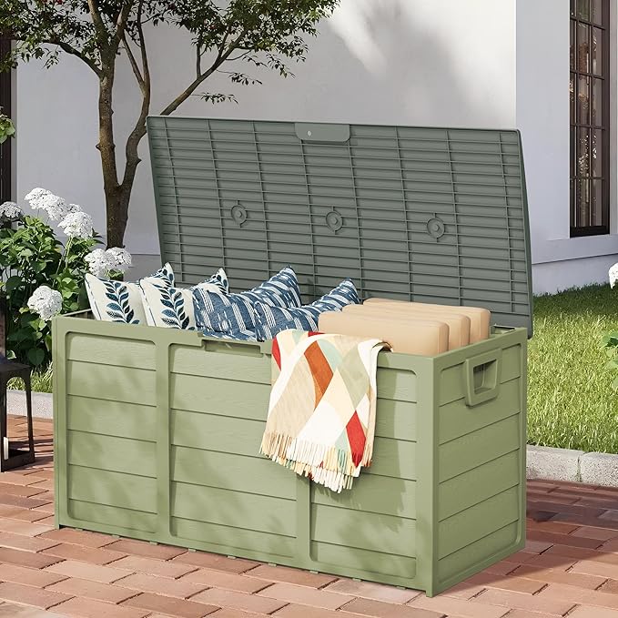 75 Gallon Outdoor Deck Storage Box – Heavy Duty Resin with Lockable Lid, Waterproof & UV Resistant for Patio Furniture, Garden Tools(Green)