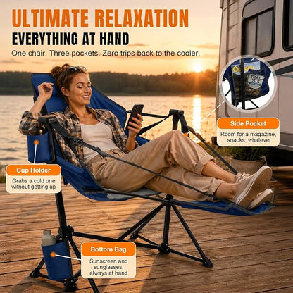 HOPERAN Hammock Camping Chair with Footrest, 400 lbs Swing Chair, Blue | 31.5" Wide Seat, 90°-130° Recliner, Stable Frame, 600D Fabric, Carry Bag, Cup Holder, Storage Pocket, for Beach Patio Sports