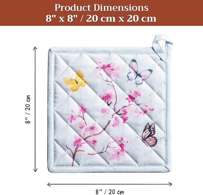 Maison d' Hermine Pot Holders 100% Cotton Heat Resistant Potholders 8" x 8" Hot Pads with Loop Cooking Baking Hotel Farmhouse Kitchen Handling Hot Pans Spring Summer (Pack of 2, Blossoms in Spring)