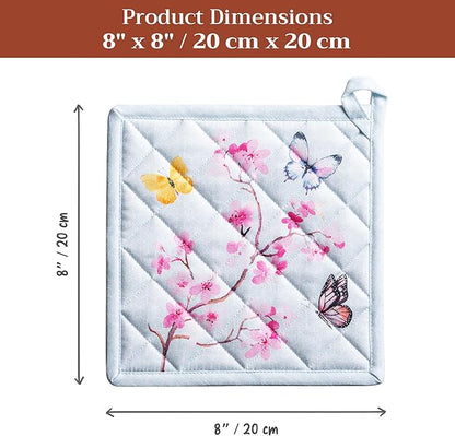 Maison d' Hermine Pot Holders 100% Cotton Heat Resistant Potholders 8" x 8" Hot Pads with Loop Cooking Baking Hotel Farmhouse Kitchen Handling Hot Pans Spring Summer (Pack of 2, Blossoms in Spring)