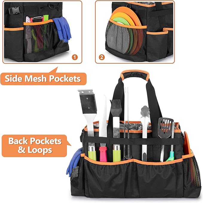HODRANT Large Grill Utensil Caddy with Detachable Cooler, Collapsible Picnic Organizer with Paper Towel Holder for Griddle Accessories, Tailgating Accessory Basket for Outdoor Cooking Supplies, Black