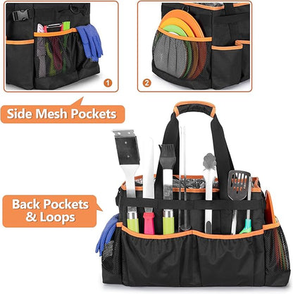 HODRANT Large Grill Utensil Caddy with Detachable Cooler, Collapsible Picnic Organizer with Paper Towel Holder for Griddle Accessories, Tailgating Accessory Basket for Outdoor Cooking Supplies, Black