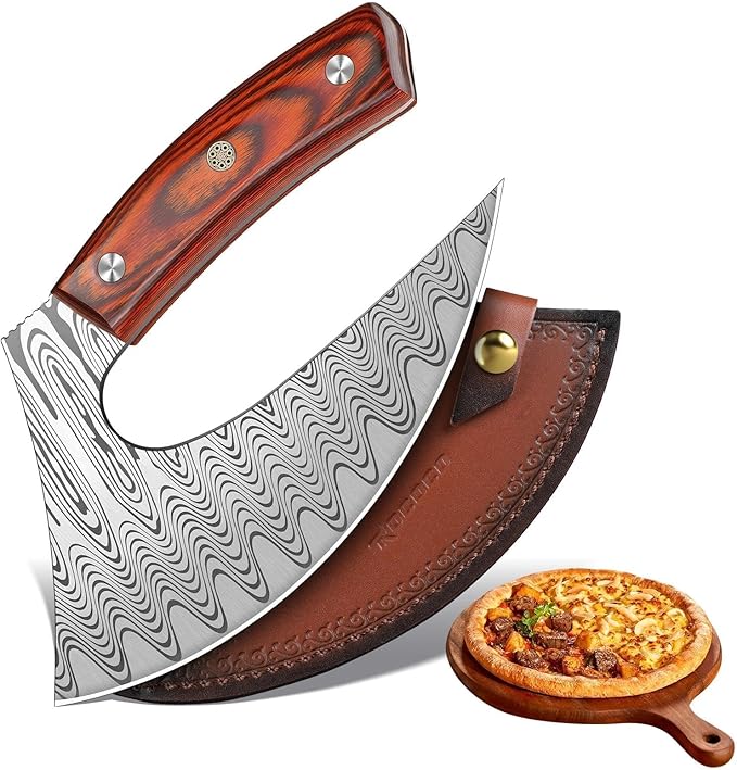 ROCOCO Pizza Cutter Ulu Knife – Full Tang Mezzaluna Rocker Chopper with Sheath for Kitchen, Camping, BBQ, Gifts Men Women
