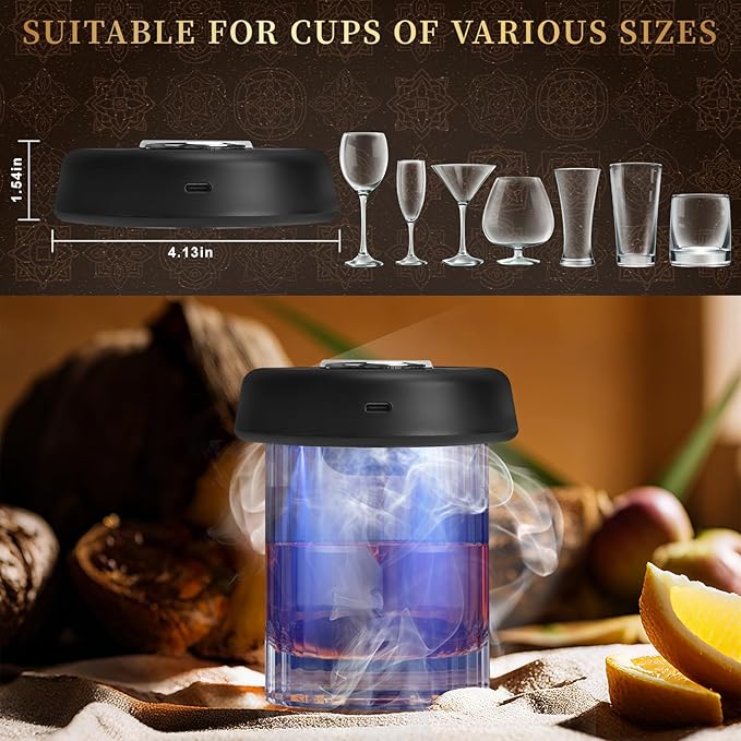 Electric Whiskey Smoker Kit with 7-Color Lights, 6 Flavors Wood Chips Cocktail Shaker with Sphere Ice Mold & Stainless Steel Ice Cubes, Old Fashioned Smoker for Father's Day, Gifts for Him
