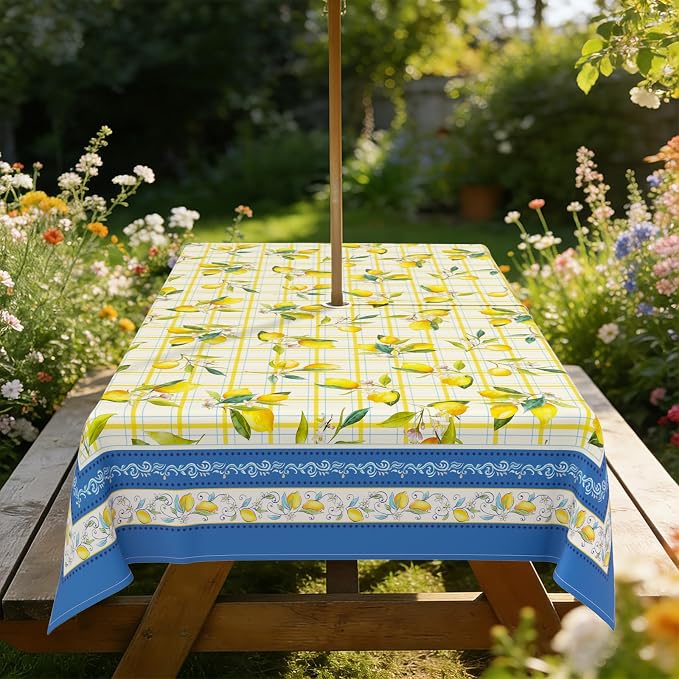 Outdoor Tablecloth with Umbrella Hole Elegant Zipper Patio Table Cloth for Outdoor Patio Garden Yard Decor