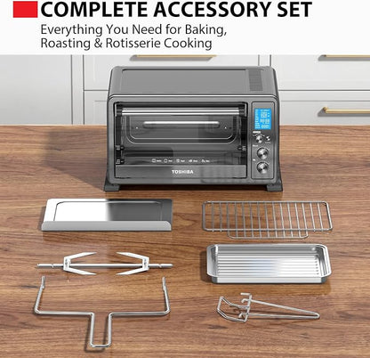 TOSHIBA 10-in-1 Convection Toaster Oven, 6-Slice Countertop Oven, 1500W | Bake, Broil, Rotisserie & Pizza Functions, LCD Knob Controls, 6 Accessories, with Toast, 1500W, Black Stainless Steel