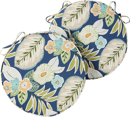 Set of 2 Outdoor 18 inch Round Patio Dining Chair Pads – Comfortable Fiber-Filled Seat Cushions with Ties, Reversible Polyester Fabric - Marlow Blue Floral