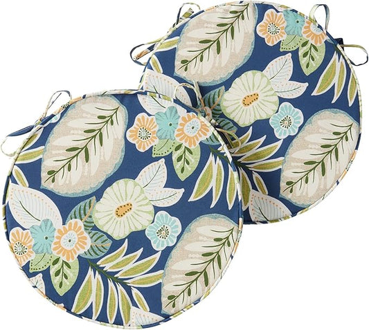Set of 2 Outdoor 18 inch Round Patio Dining Chair Pads – Comfortable Fiber-Filled Seat Cushions with Ties, Reversible Polyester Fabric - Marlow Blue Floral