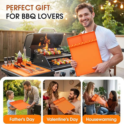 Silicone Grill Mats Compatible with Blackstone, Spatula Tools Mat with Drip Pad, Griddle Mats BBQ Grill Accessories, Side Shelf Pad for Kitchen Counter Outdoor Grill, Easy Clean, Orange