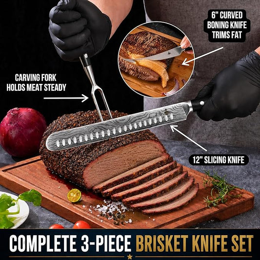 Brisket Knife Set for Meat Carving - 12" Slicing Knife + 6" Curved Boning Knife & Carving Fork for Effortless Meat Cutting, Full Tang & Ergonomic - Razor Sharp German Steel, BBQ Grilling Gifts for Men