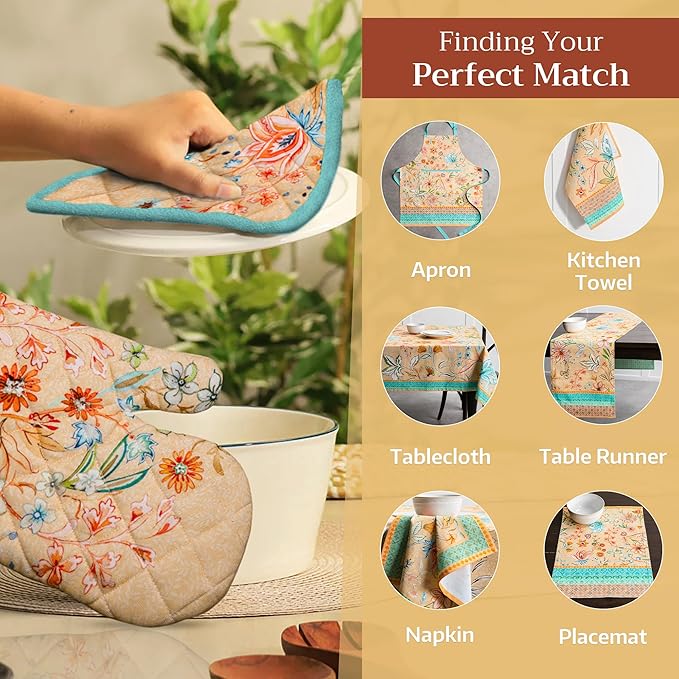 Maison d' Hermine 100% Cotton Oven Mitt & Pot Holder Set (7.5"x13" & 8"x8") Heat Resistant BBQ Cooking Gloves with Loop Baking Grilling Kitchen Hotel Home Farmhouse Spring Summer (Luxury Loft - Peach)