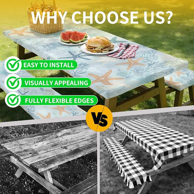 Picnic Table Cover with Bench Covers, 72 X 30 Inch Elastic Fitted Camping Tablecloth with Strap Design for 6FT Rectangle Tables, Windproof Outdoor Tablecloth Set with Storage Bag