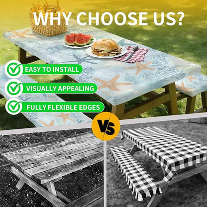 Picnic Table Cover with Bench Covers, 72 X 30 Inch Elastic Fitted Camping Tablecloth with Strap Design for 6FT Rectangle Tables, Windproof Outdoor Tablecloth Set with Storage Bag