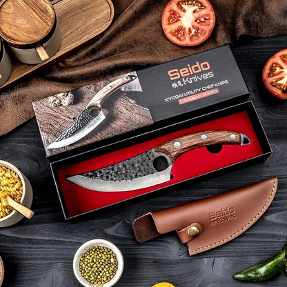 Seido Knives Kyodai Utility Chef Knife - Ideal for Outdoor Camping, Hunting, or BBQ - Includes Leather Knife Sheath
