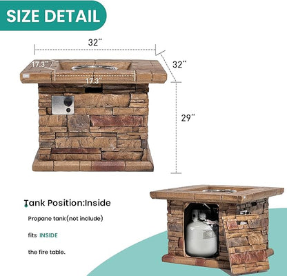 SUNBURY Outdoor Propane Fire Pit, Square Stonecrest Gas Firepit for Outside Patio, Concrete Propane Fire Table 50,000 BTU Gas Fire Pits w Lava Rocks, Waterproof Cover, CSA Certified